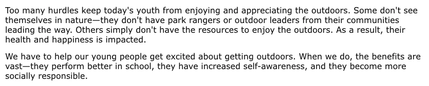 Paragraph of text about helping today's youth enjoy and appreciate the outdoors.