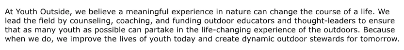 Paragraph of text about Youth Outside's belief that experiences in nature can change lives.