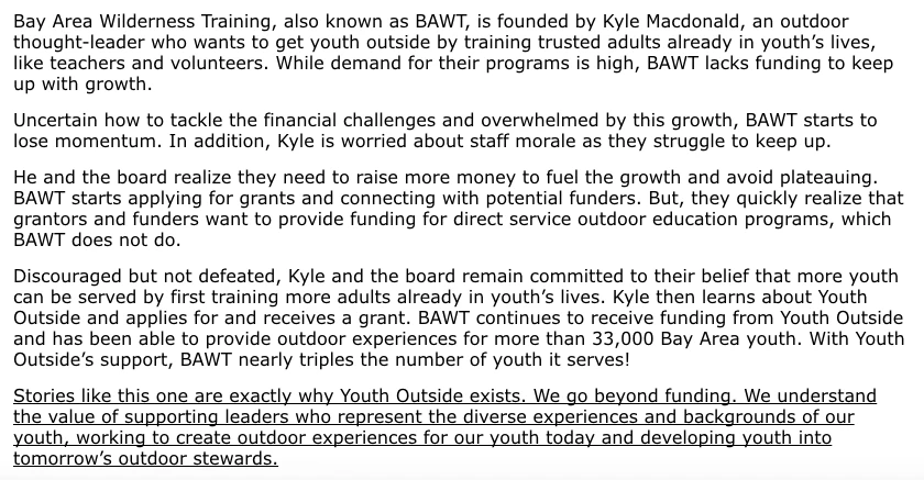 Text telling the story of Bay Area Wilderness Training (BAWT) and its funding from Youth Outside