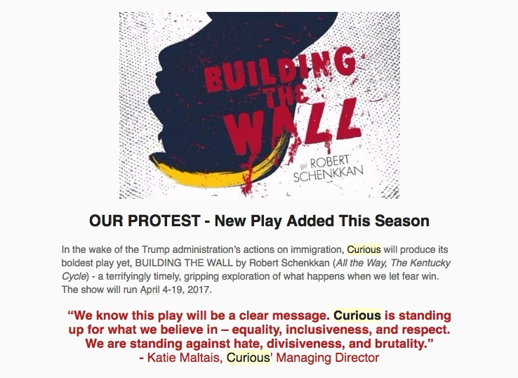 Curious Theatre email promoting the play