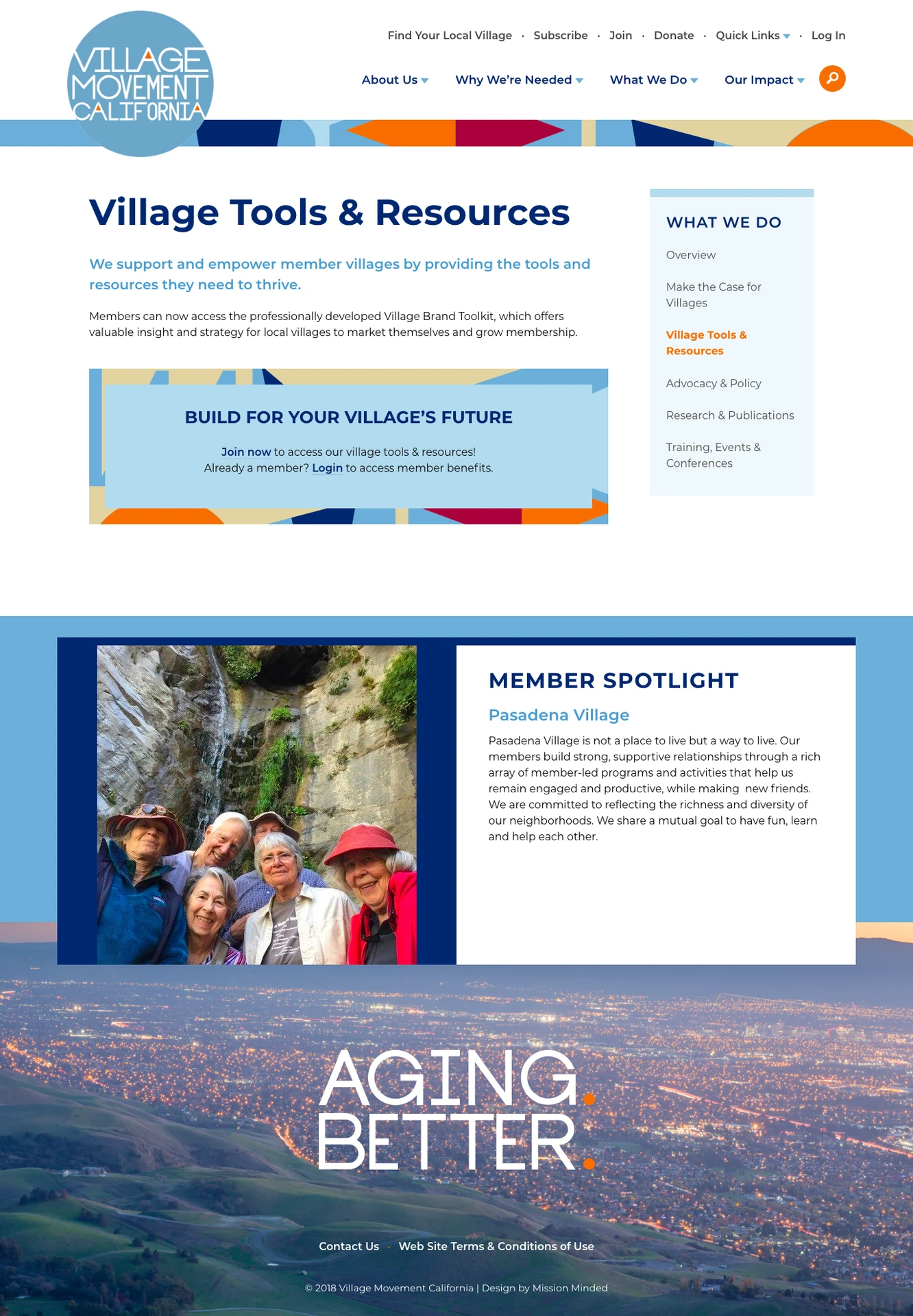 Village Movement California website pages showing Village Tools & Resources and a Pasadena Village member spotlight.