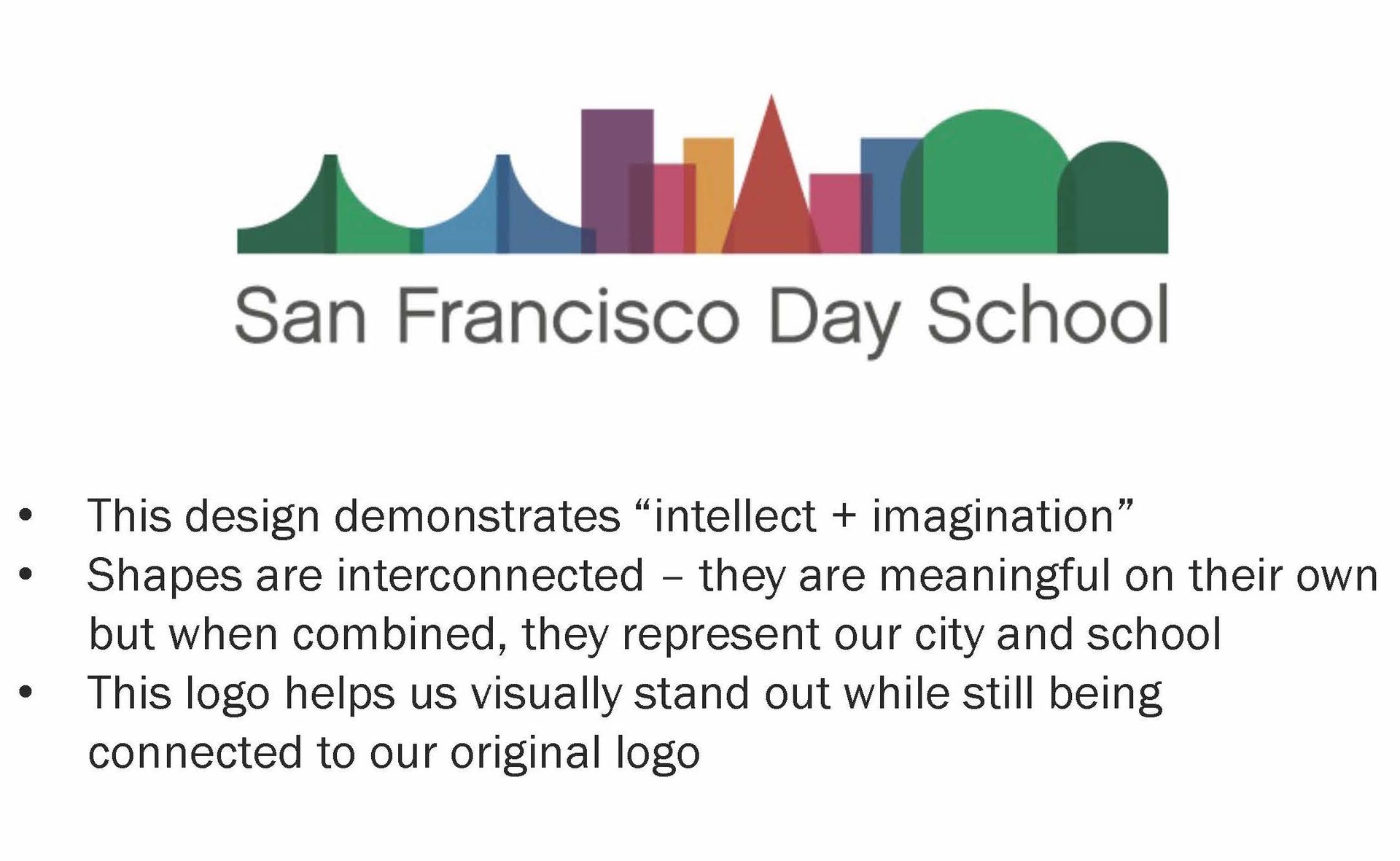 Slide showing the San Francisco Day School logo with bullet points explaining its skyline design