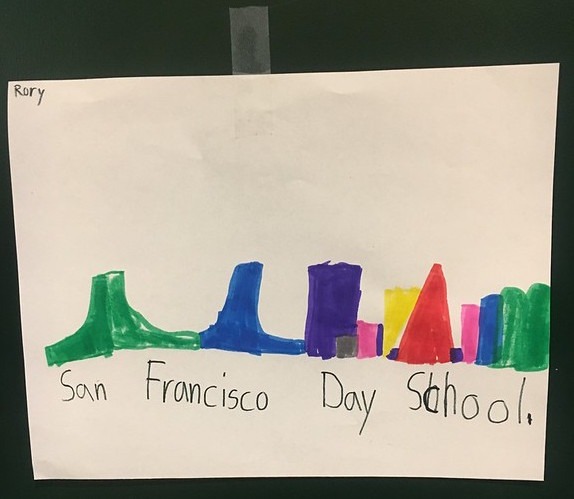 Child's marker drawing of a colorful skyline labeled