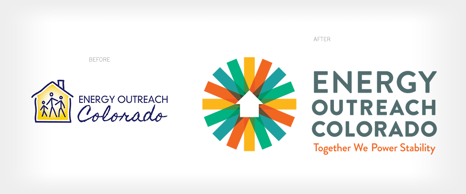 Before-and-after logo comparison for Energy Outreach Colorado, showing the old house logo and the new starburst logo with tagline