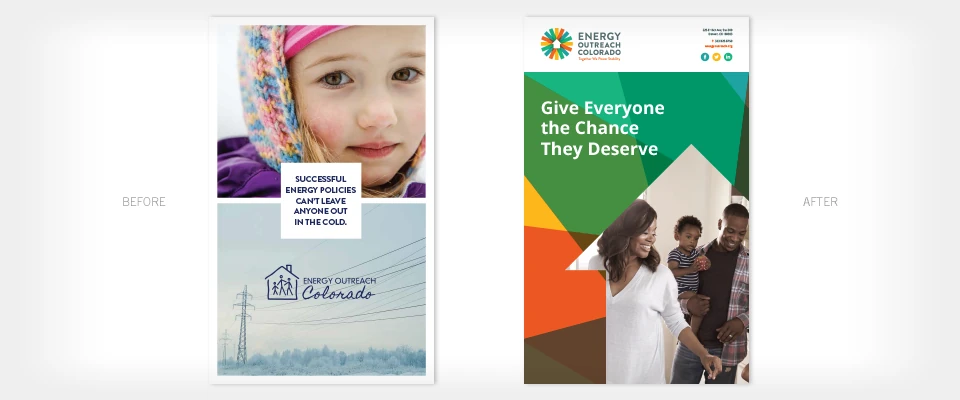 Before-and-after comparison of Energy Outreach Colorado brochure designs.