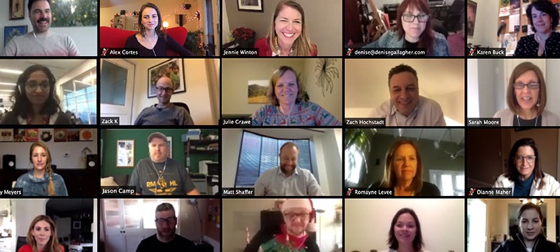 Grid of video call participants smiling in their home offices