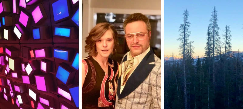 Three photos: a wall of glowing pink and blue panels, a couple posing indoors, and silhouetted pine trees at dusk