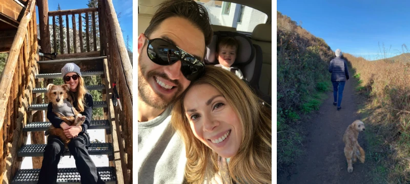 Three personal photos: a woman with a dog on outdoor stairs, a couple and child in a car, and a person and dog on a trail