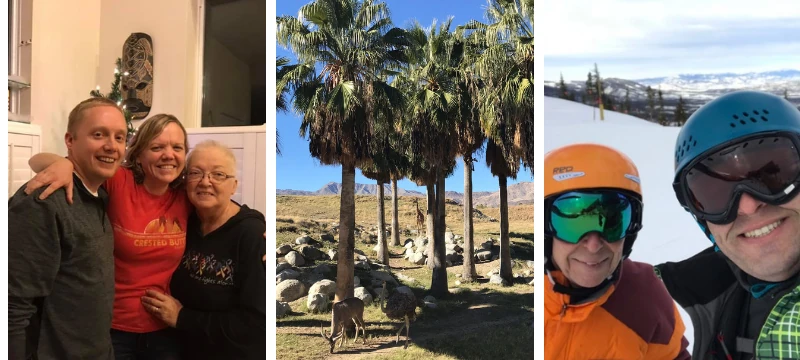 Three photos: a man with two women indoors, palm trees with deer in a desert, and two people in ski gear on a snowy slope