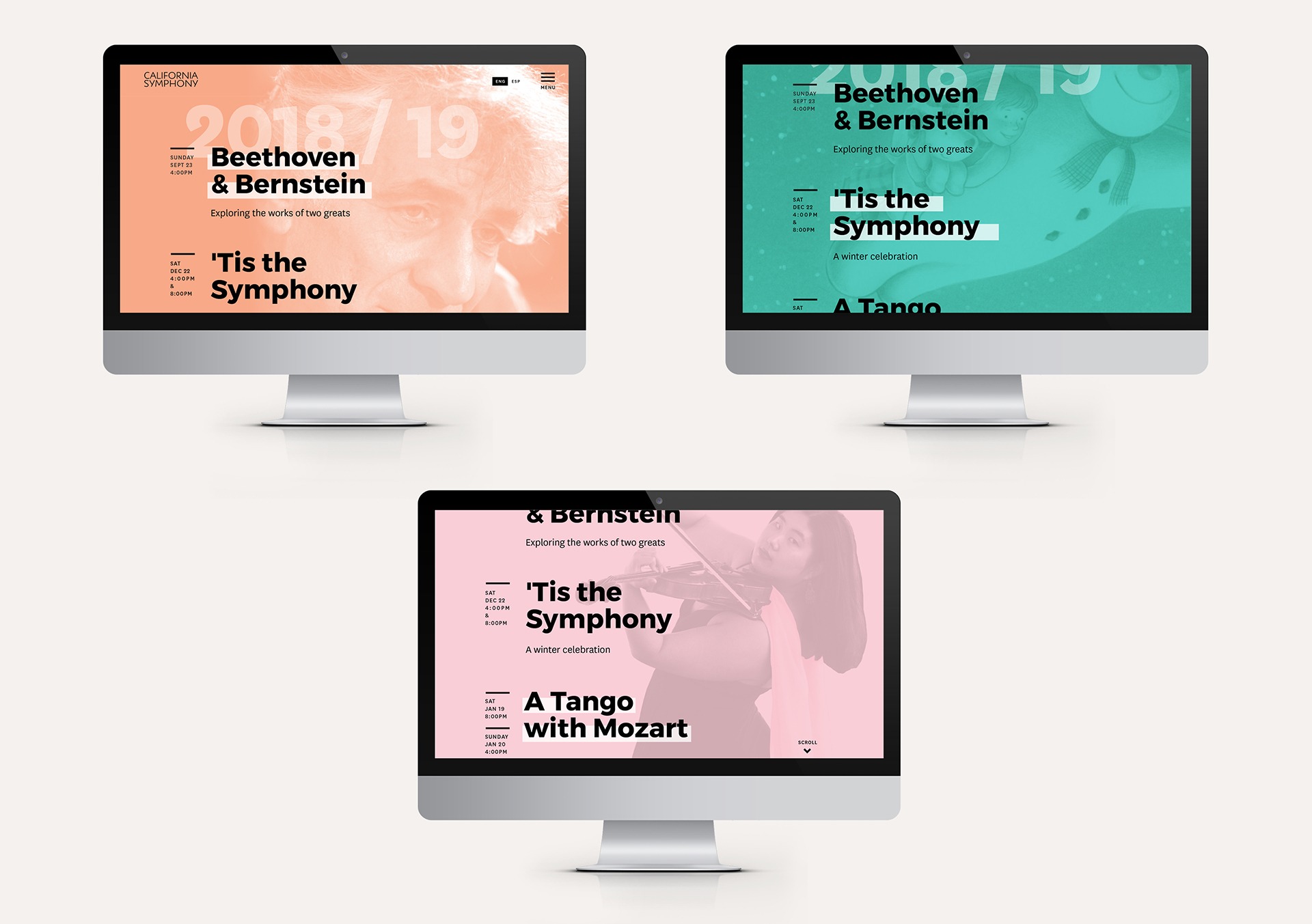 Three desktop monitors showing California Symphony website season pages in orange, teal and pink.