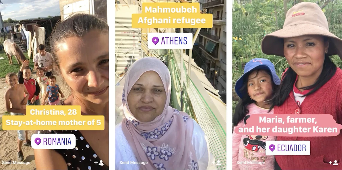 Three social media story screens profiling Christina in Romania, Mahmoubeh an Afghani refugee in Athens, and Maria a farmer in Ecuador