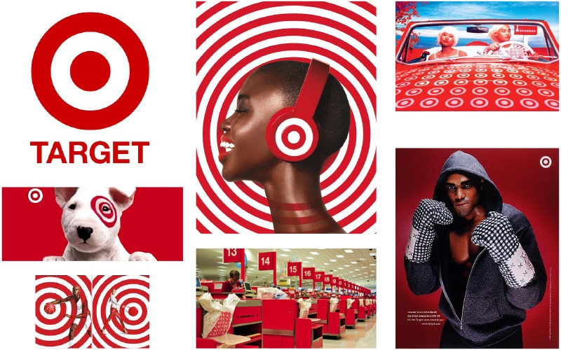 Collage of Target brand applications including the bullseye logo, Bullseye dog, headphones, and store interior