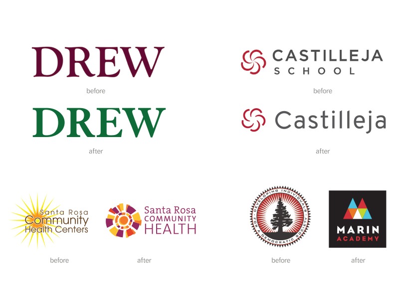 Before and after logos for Drew, Castilleja School, Santa Rosa Community Health, and Marin Academy