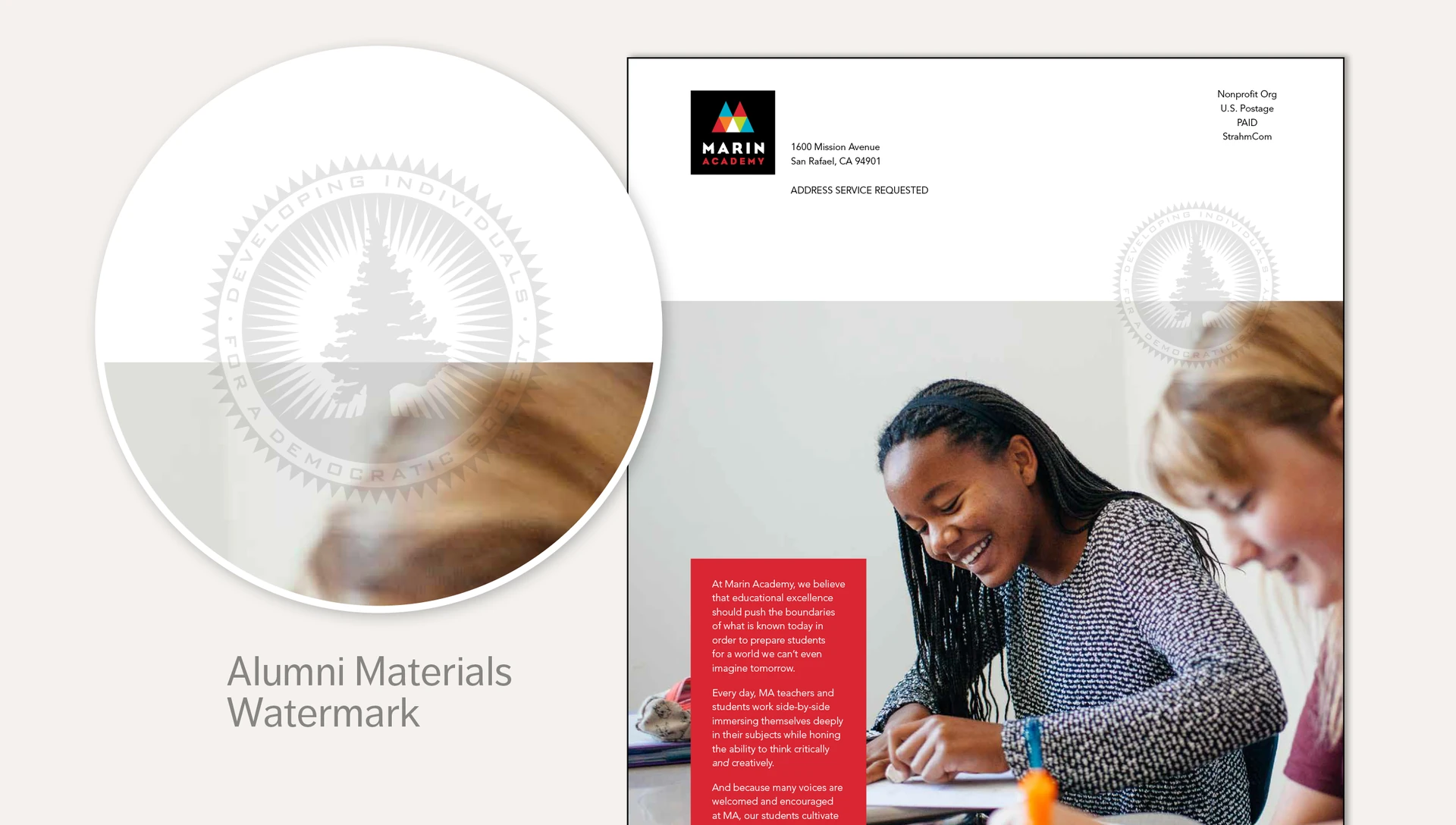 Marin Academy alumni materials: a tree-crest watermark labeled