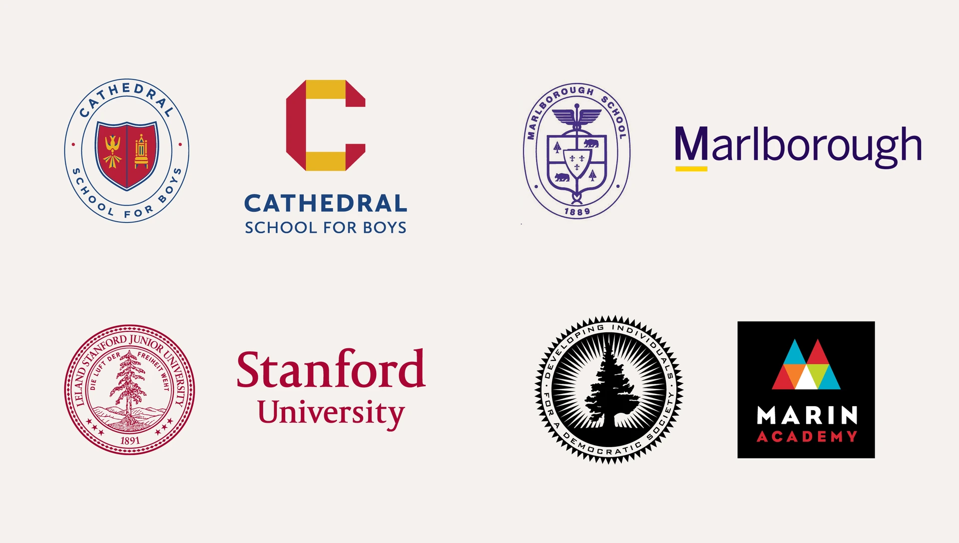 Logos and seals for Cathedral School for Boys, Marlborough School, Stanford University, Students for a Democratic Society, and Marin Academy