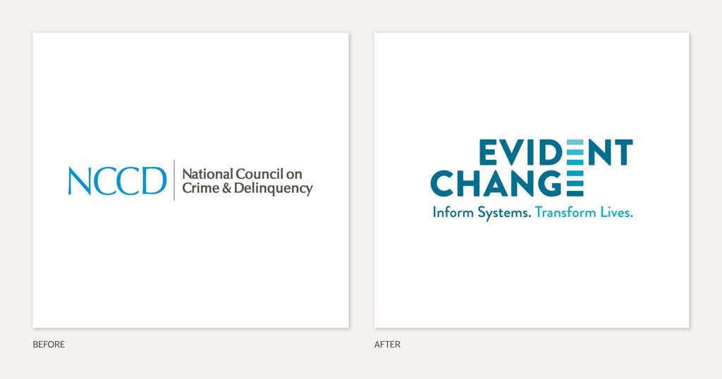 Before and after logos: National Council on Crime & Delinquency rebranded as Evident Change,