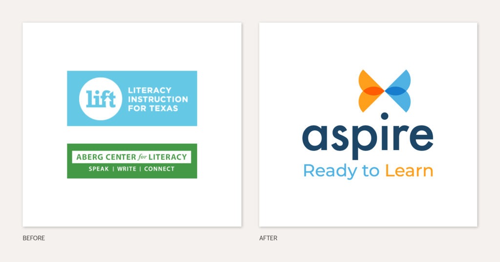 Before-and-after logo comparison: LIFT and Aberg Center for Literacy logos beside the new Aspire