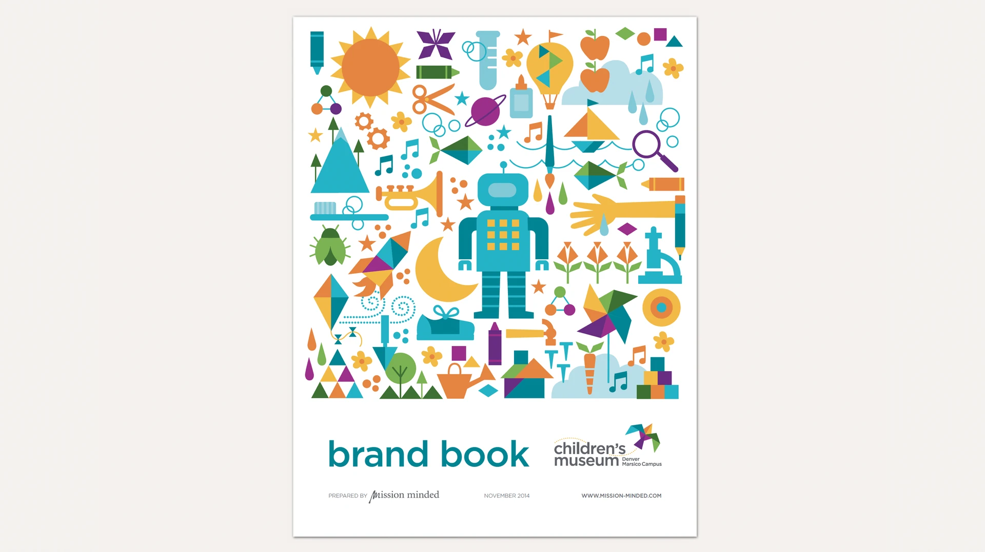 Brand book cover for Children's Museum of Denver Marsico Campus, prepared by Mission Minded, with colorful icons