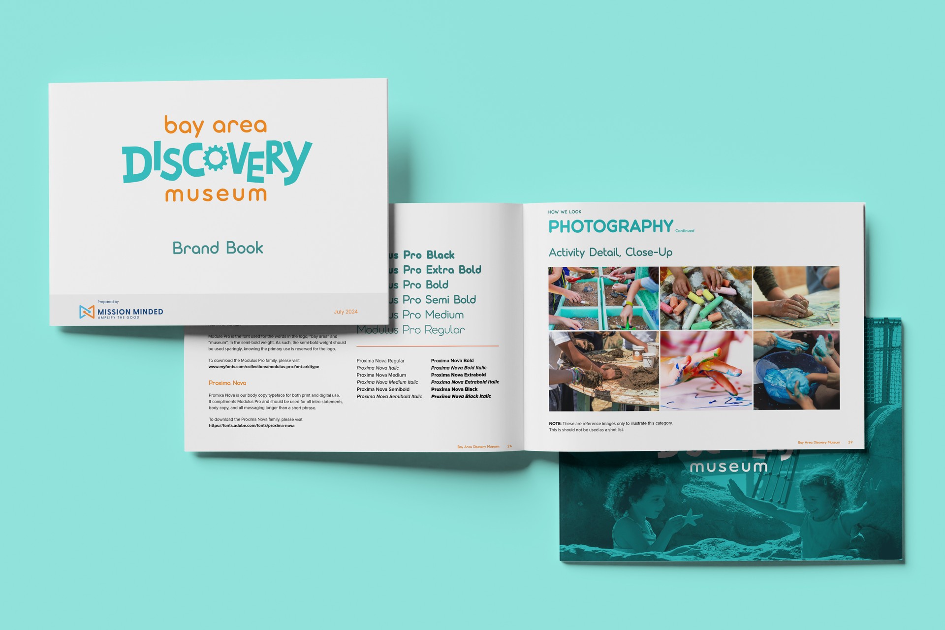 Bay Area Discovery Museum Brand Book cover and an open spread showing a photography page