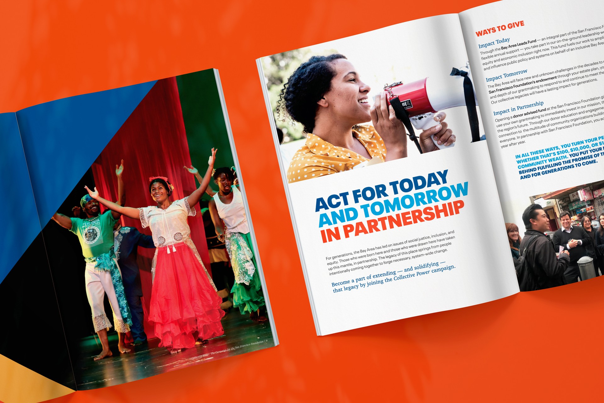 San Francisco Foundation printed Collective Power booklet, open spread headed Act for Today and Tomorrow in Partnership