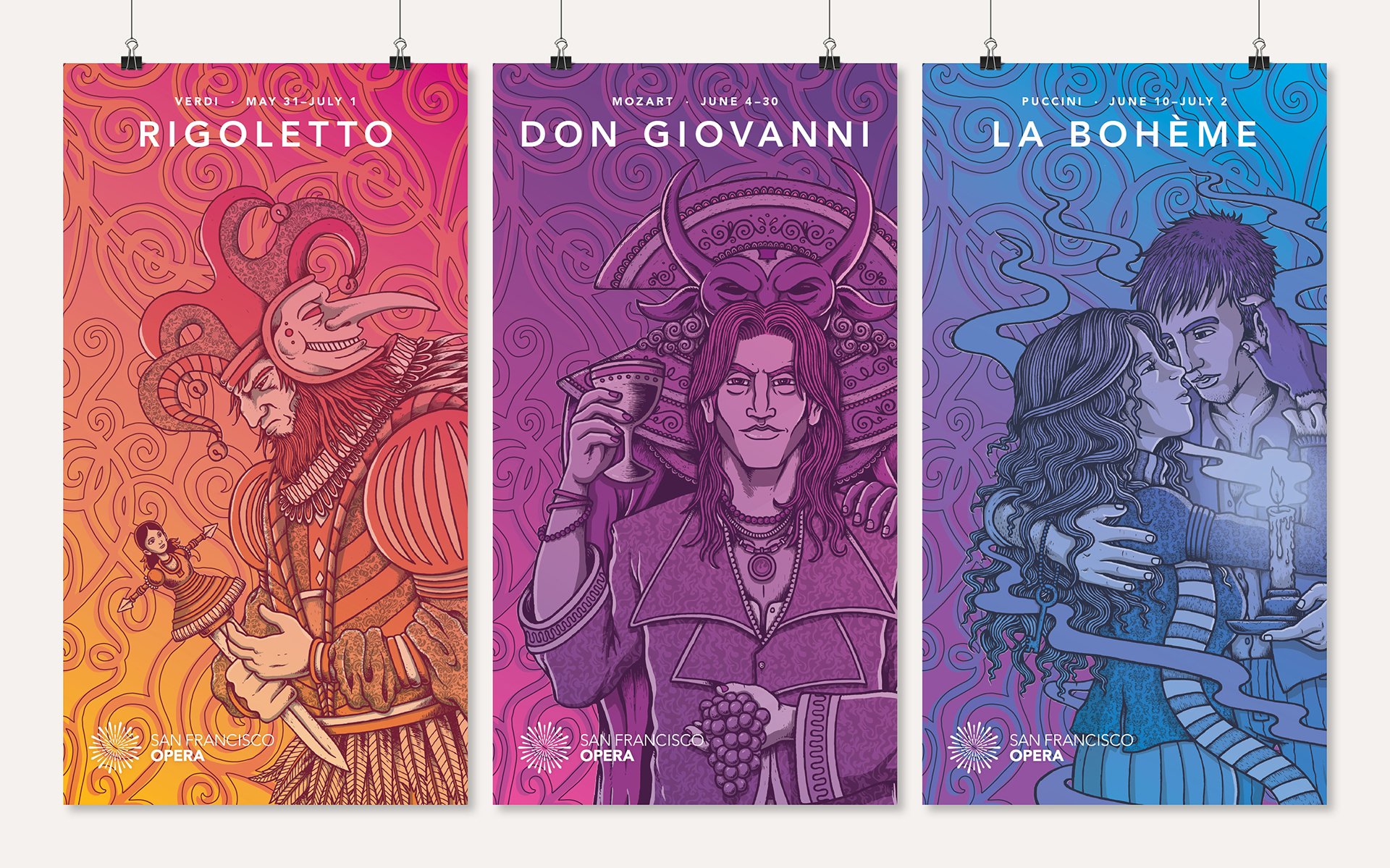 Three San Francisco Opera posters for Rigoletto, Don Giovanni and La Boheme with illustrated characters