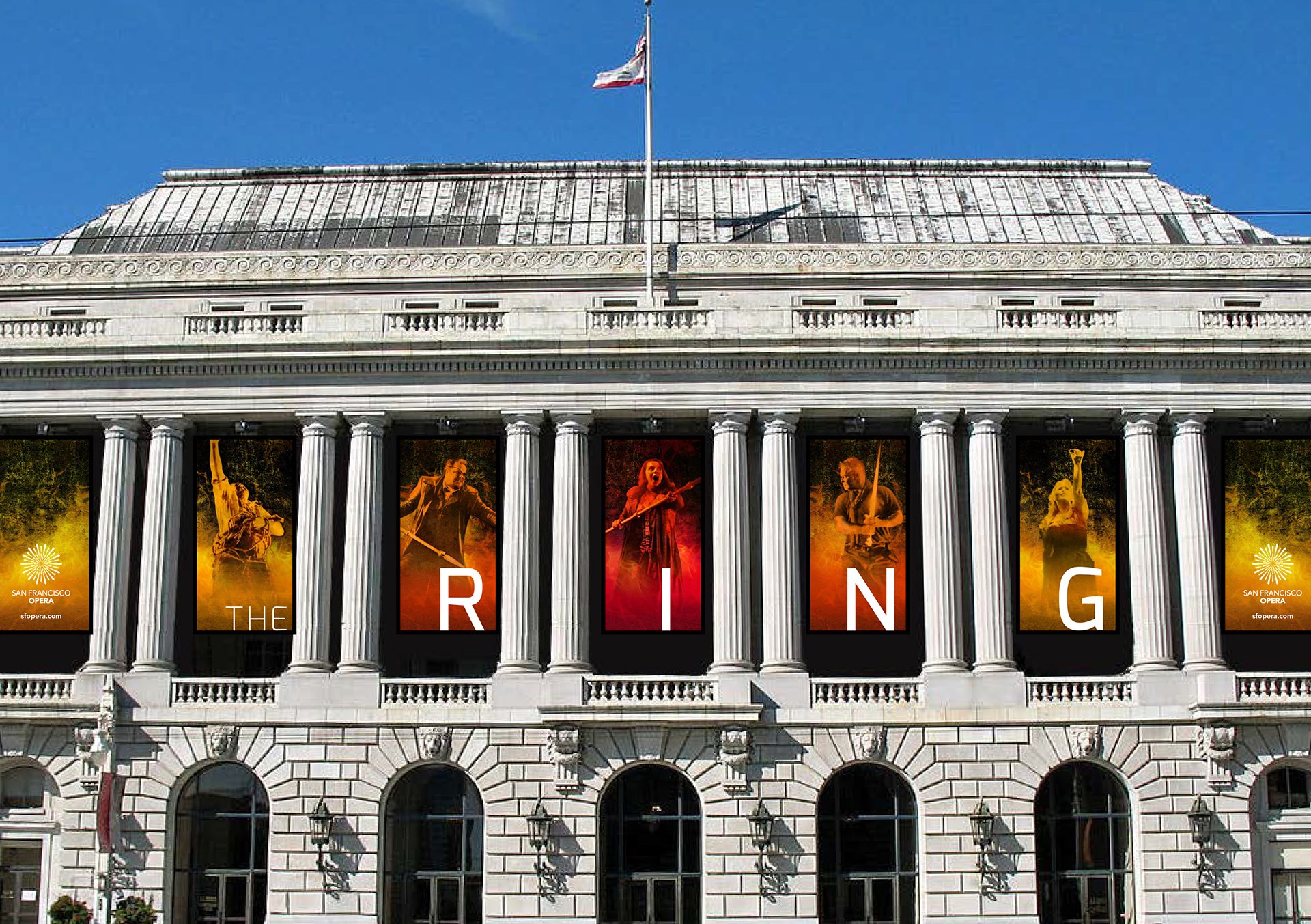 War Memorial Opera House facade with banners spelling "THE RING" between columns