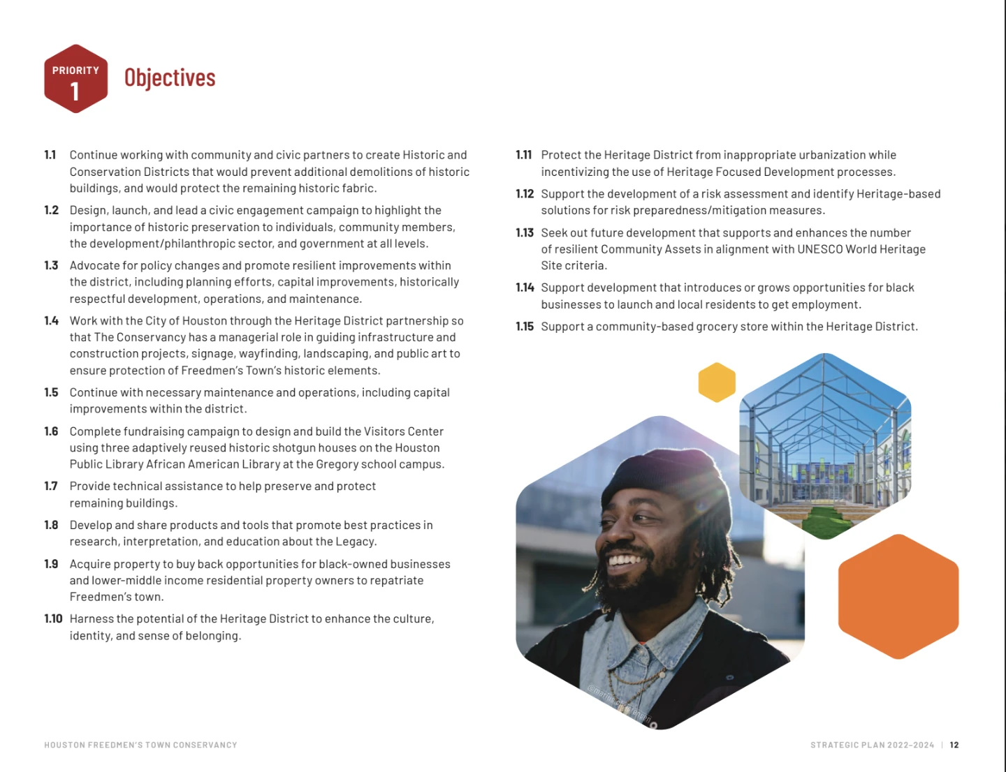 Strategic plan page with an Objectives list and a smiling man beside an architectural rendering