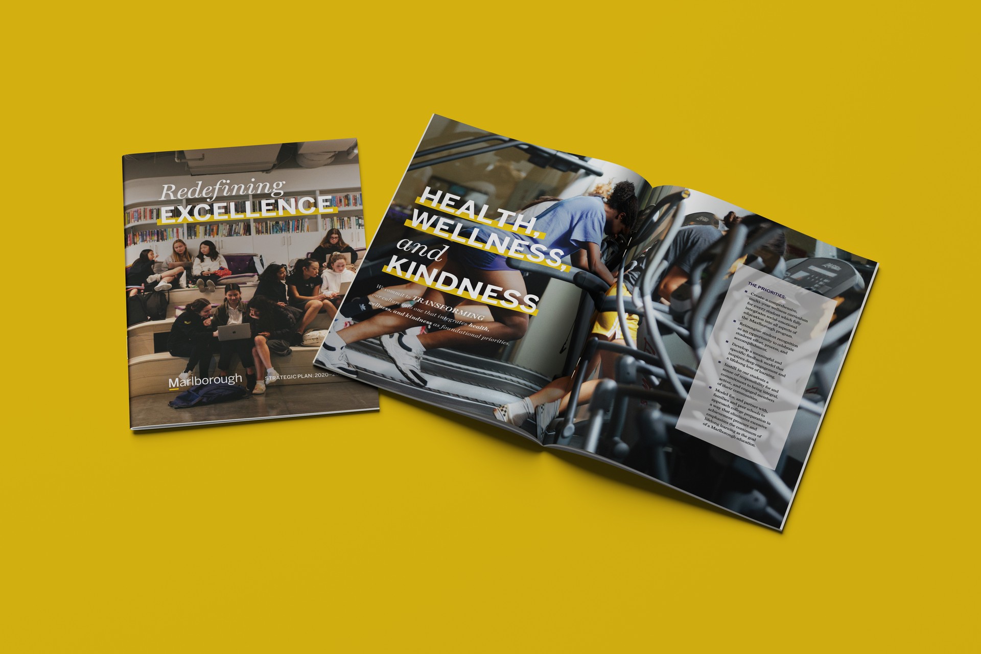 Marlborough printed strategic plan open to a "Health, Wellness, and Kindness" spread
