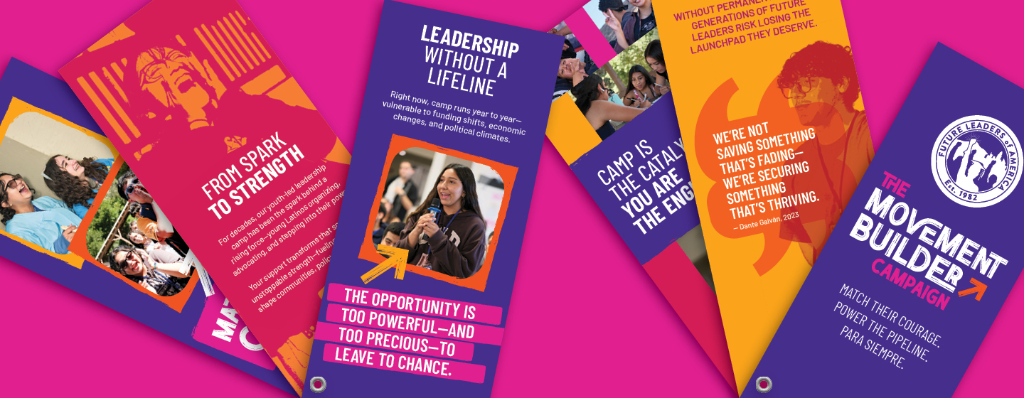 A spread of colorful Future Leaders of America 'Movement Builder' brochure panels with headlines like 'From Spark to Strength' and 'Leadership Without a Lifeline'